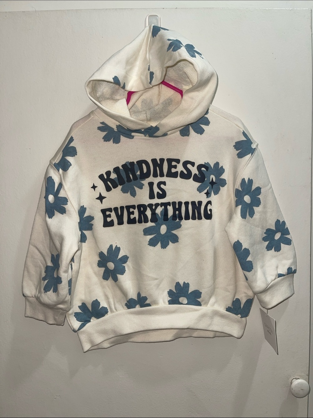 Kids White Hoodie with Blue Floral Print - "Kindness Is Everything" Sz2T NEW
